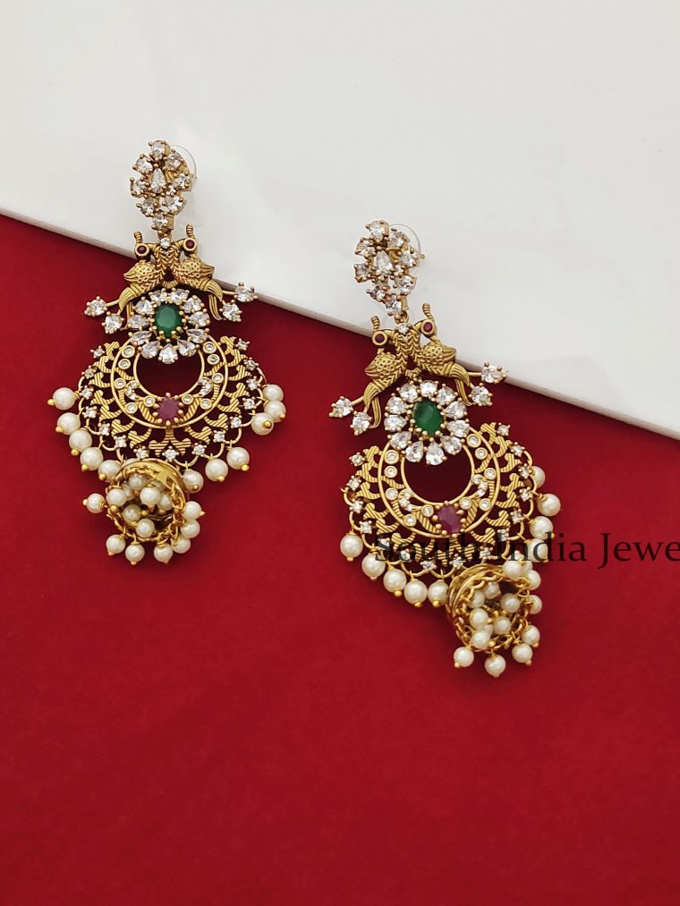 Marvelous Emerald and CZ Stones Long Bridal Jhumkas