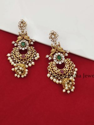 Marvelous Emerald and CZ Stones Long Bridal Jhumkas
