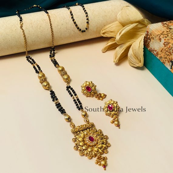 Mesmerizing Black Beaded & Antique Long South Indian Mangalsutra & With Pair of Earrings