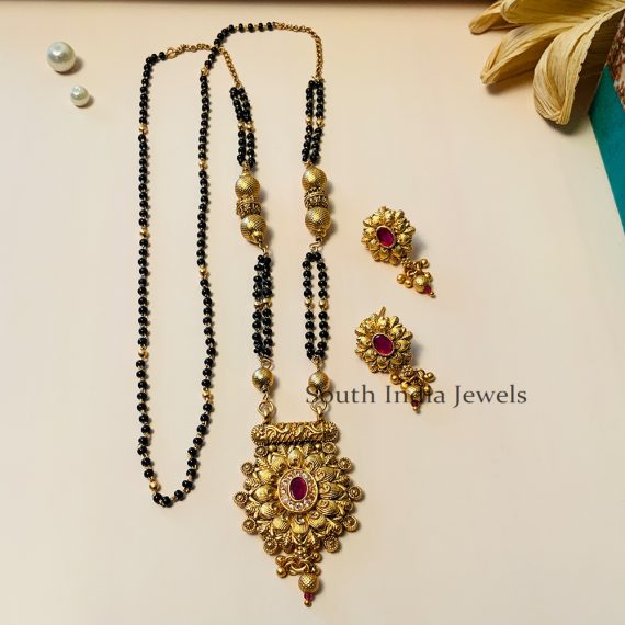Mesmerizing Black Beaded & Antique Long South Indian Mangalsutra & With Pair of Earrings