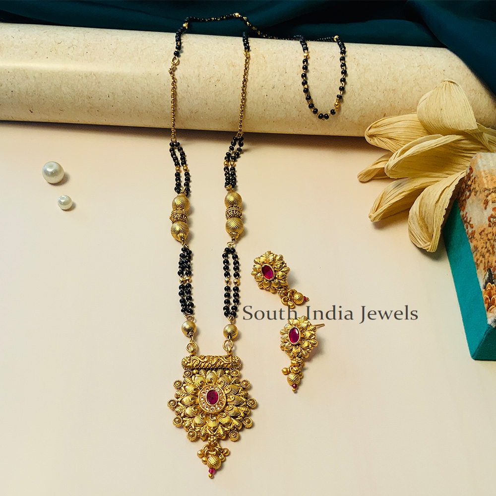 Mesmerizing Black Beaded & Antique Long South Indian Mangalsutra & With Pair of Earrings