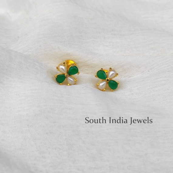 Simple Flower Design Pearl and Green Stone Studs