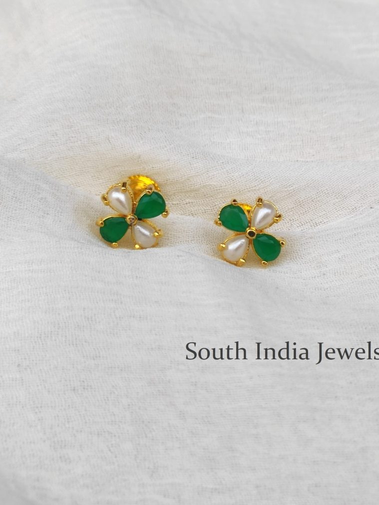 Simple Flower Design Pearl and Green Stone Studs