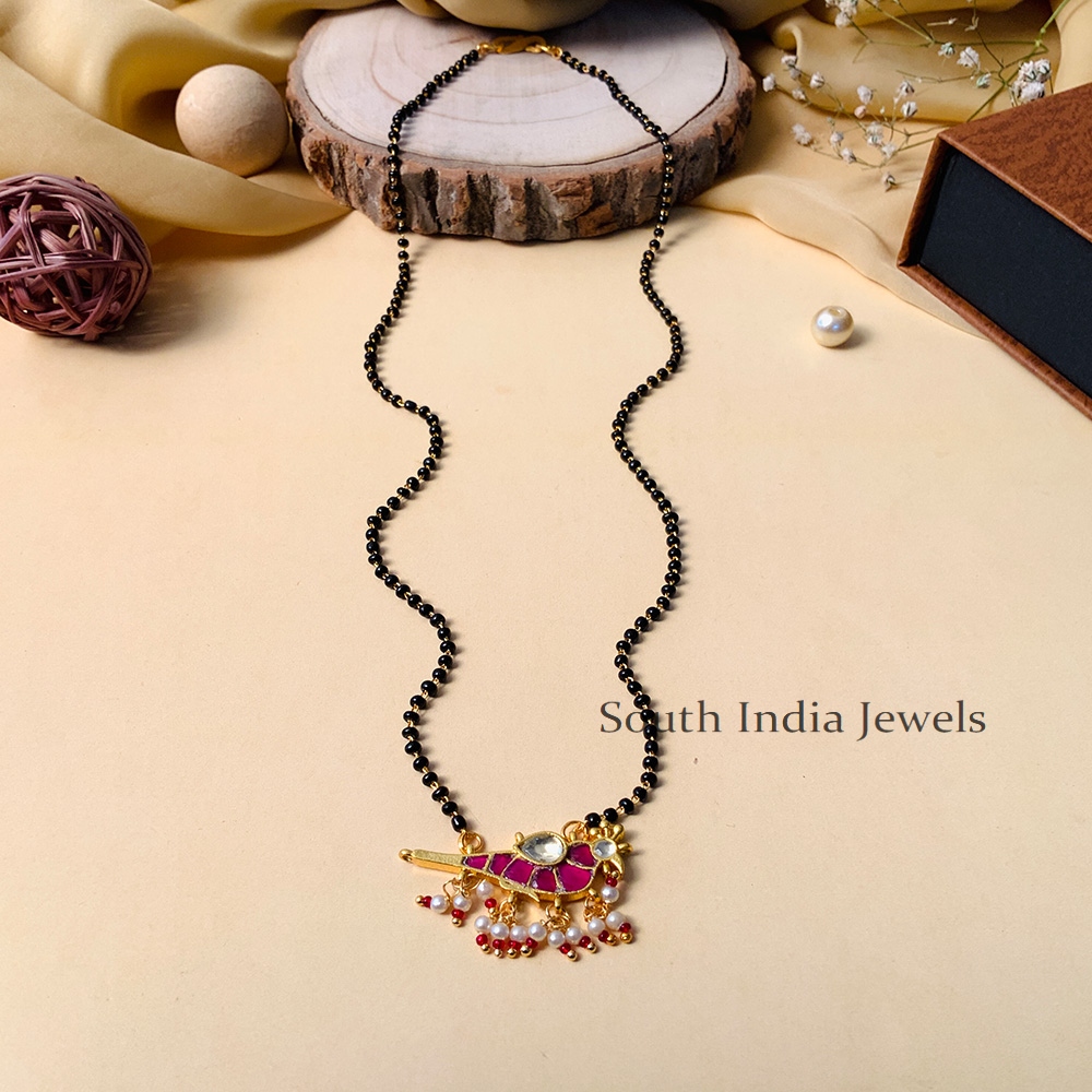 Stunning Ahmedabadi Jadau Pachi Polki Kundan Pink Parrot Mangalsutra