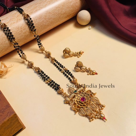 Stunning Black Beaded & Antique Long South Indian Mangalsutra & With Pair of Earrings