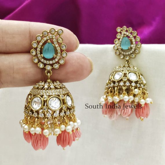Stunning Moissonite Tulip Beads Mehndi Finish Mint Stone Jhumka Earrings 01