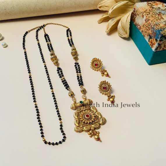 Trendy Black Beaded & Antique Long South Indian Mangalsutra & With Pair of Earrings
