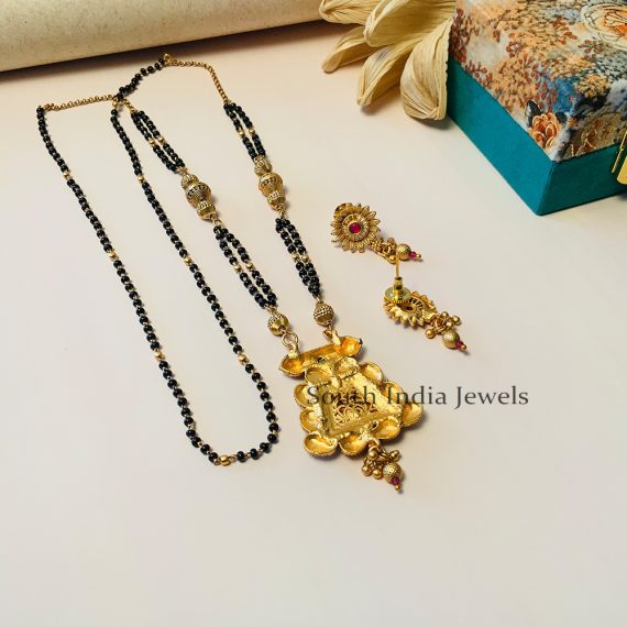 Trendy Black Beaded & Antique Long South Indian Mangalsutra & With Pair of Earrings