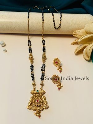 Trendy Black Beaded & Antique Long South Indian Mangalsutra & With Pair of Earrings
