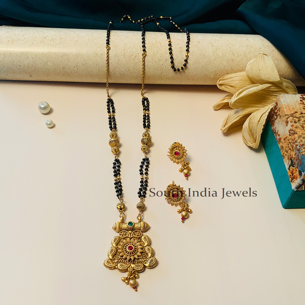 Trendy Black Beaded & Antique Long South Indian Mangalsutra & With Pair of Earrings