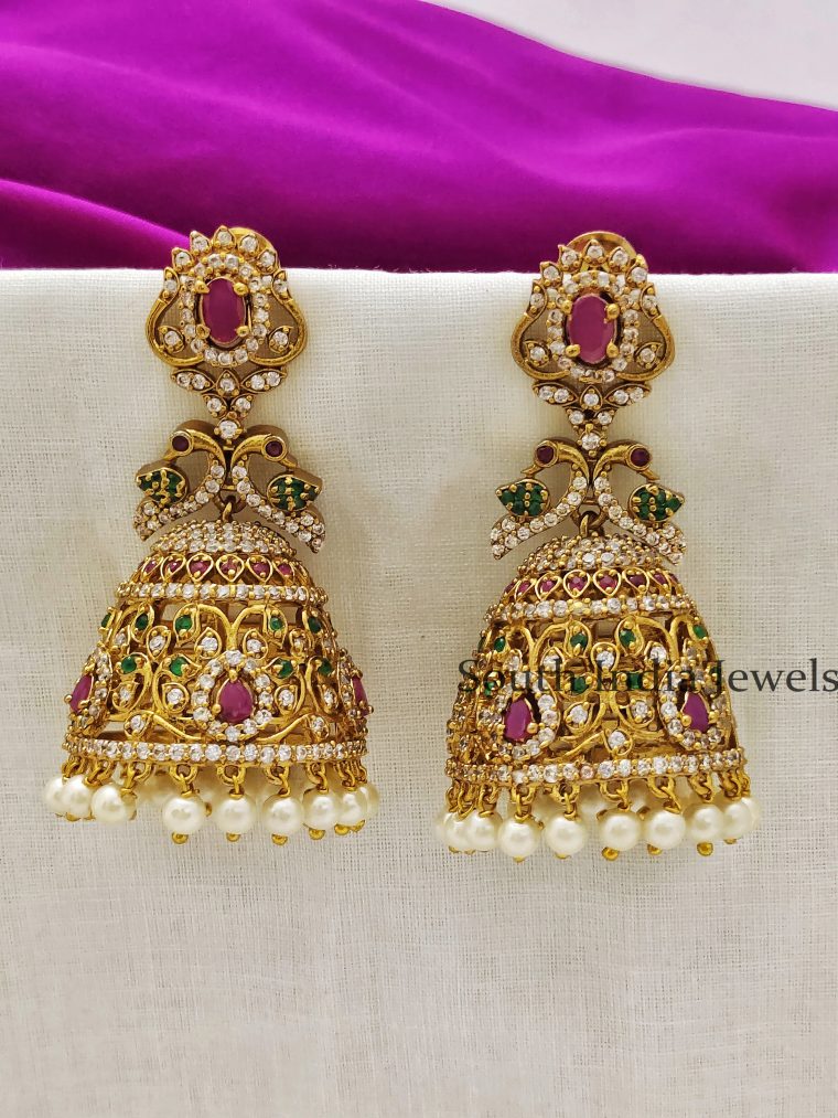 Trendy CZ Jhumkas Earrings with Ruby Emerald