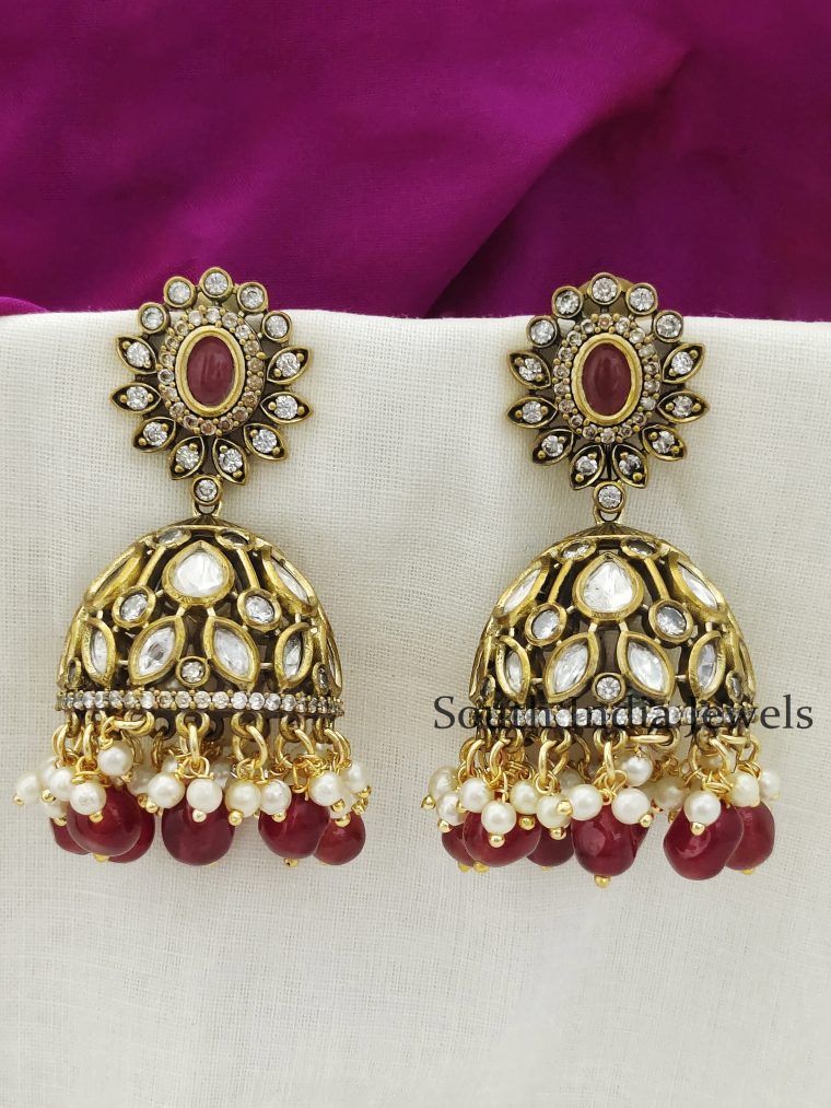 Trendy Moissonite Red Monalisa Beads Victorian Polish Polki Jhumka Earrings