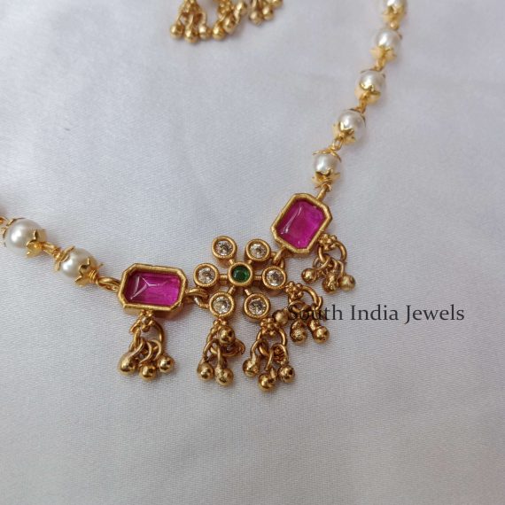 Trendy Ruby Pendant in Pearl Chain