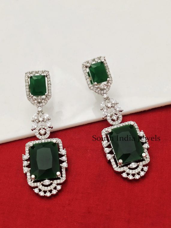 Wonderful Rhodium Green Stone Designer Cubic Zirconia Drop Dangler Earrings