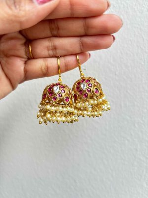 Gold Finish Pearl Drop Hoop Jhumkas