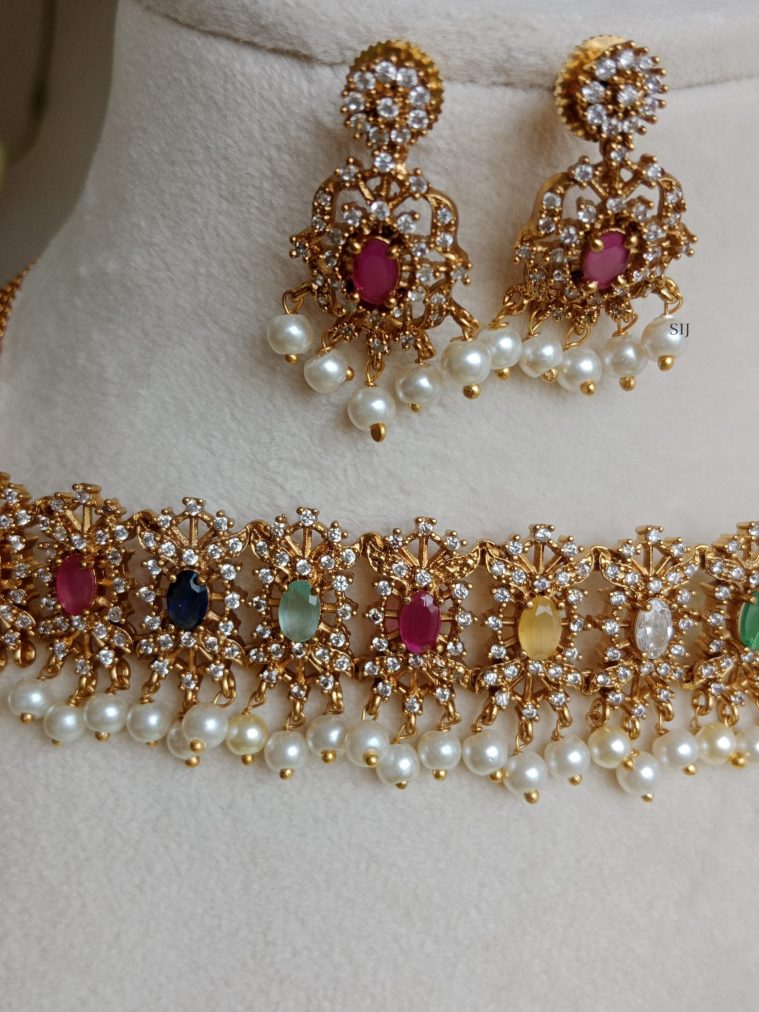 Gold Finish Navrathna Multicolor Pearl Choker