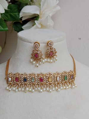 Gold Finish Navrathna Multicolor Pearl Choker