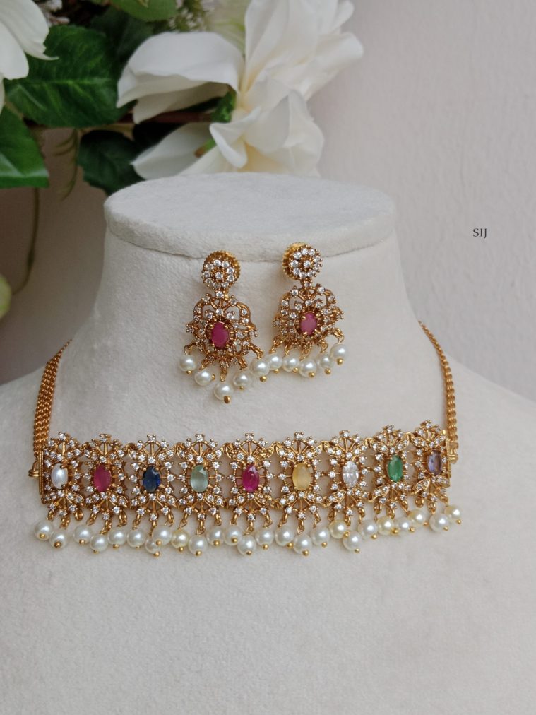 Gold Finish Navrathna Multicolor Pearl Choker_new1