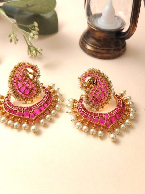 Gorgeous Kemp Stone Chandbali Earrings - Ruby