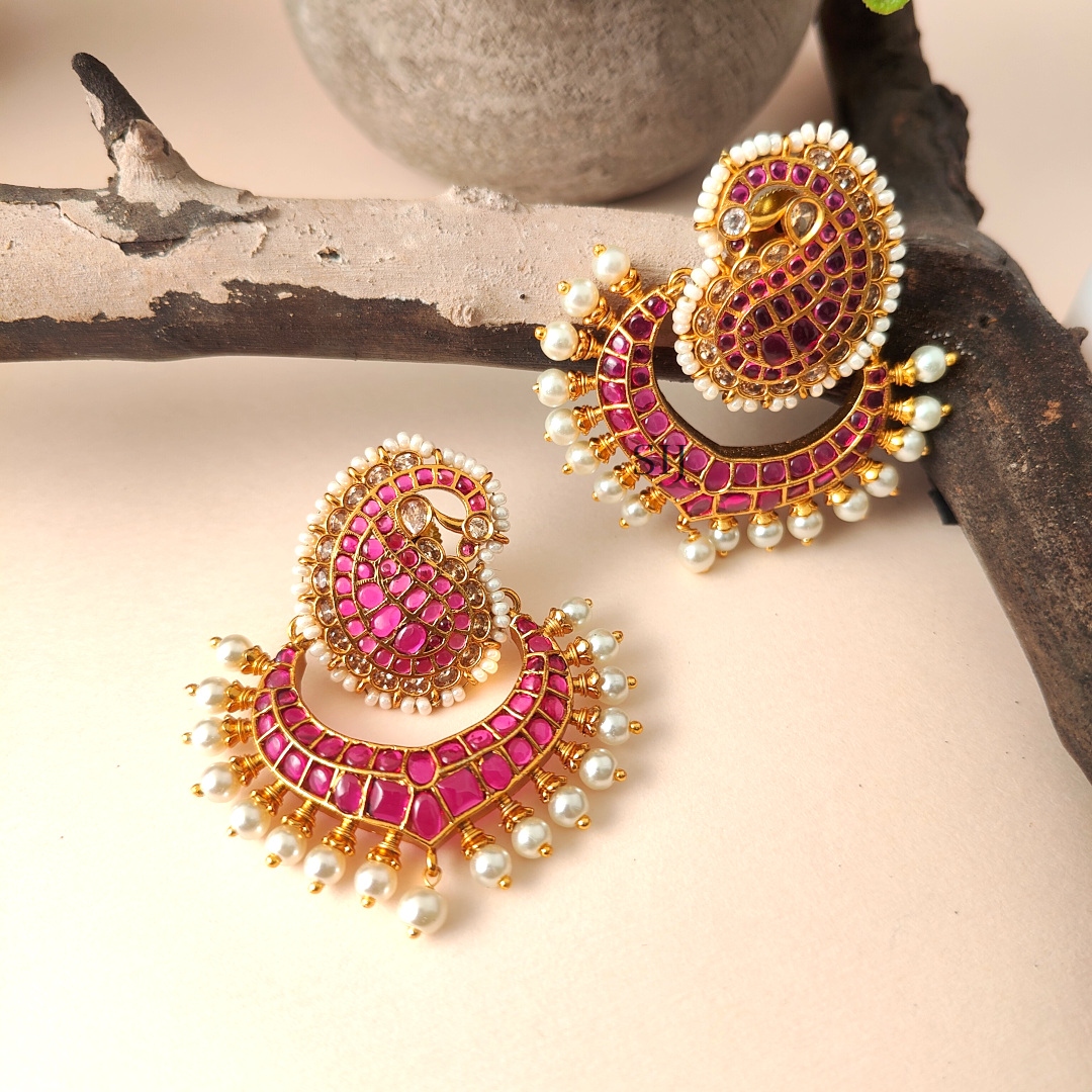 Gorgeous Kemp Stone Chandbali Earrings - Ruby
