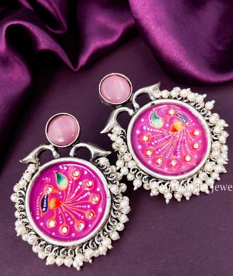 Amazing Meenakari Pink Stone Handmade Oxidised Earrings