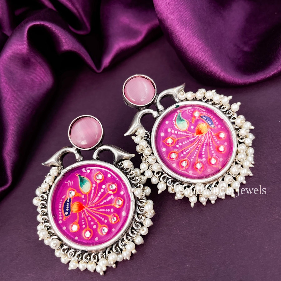 Amazing Meenakari Pink Stone Handmade Oxidised Earrings