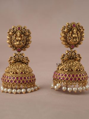 Antique Lakshmi Design Pearl Drop Jhumkas