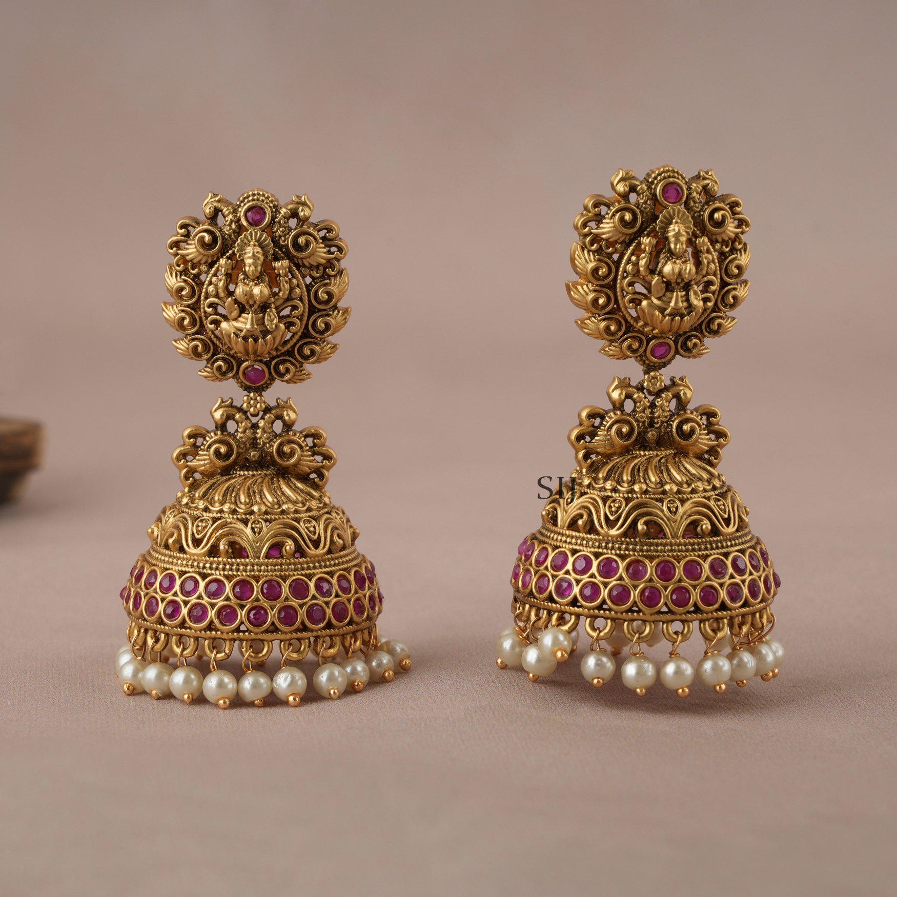 Antique Lakshmi Design Pearl Drop Jhumkas - South India Jewels