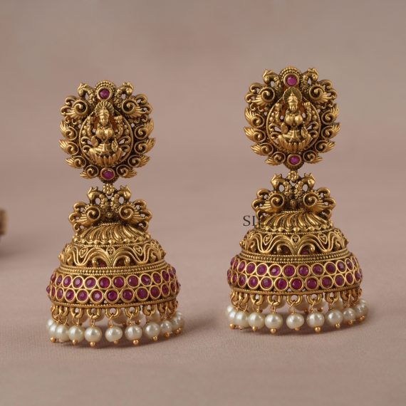 Antique Lakshmi Design Pearl Drop Jhumkas - South India Jewels