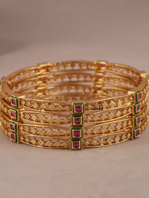 Astonishing Stone Studded Gold Plated Bangle Set (Set of 4)