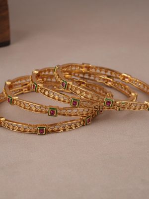 Astonishing Stone Studded Gold Plated Bangle Set (Set of 4)