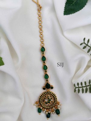 Ethnic Kemp Green Stone Maang Tikka with Beads
