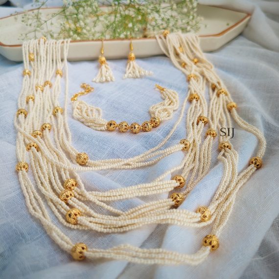Ethnic Multi Layered Pearl Beaded Haram Set With Golden Balls