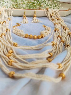 Ethnic Multi Layered Pearl Beaded Haram Set With Golden Balls
