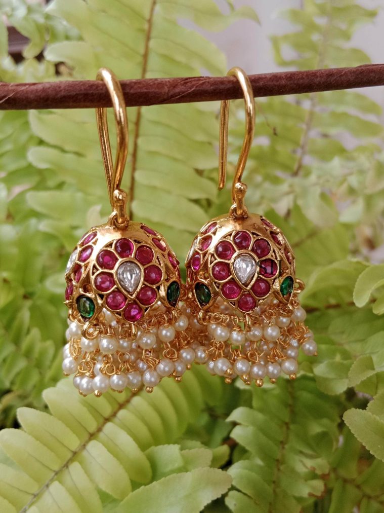 Gold Finish Pearl Drop Hoop Jhumkas