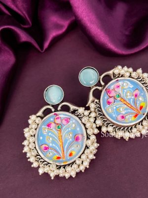 Fantastic Meenakari Handmade Oxidised Blue Stone Earrings