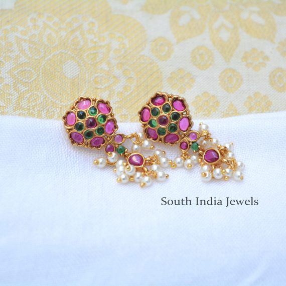 Fantastic Pink and Green Stones with Pearl Earrings