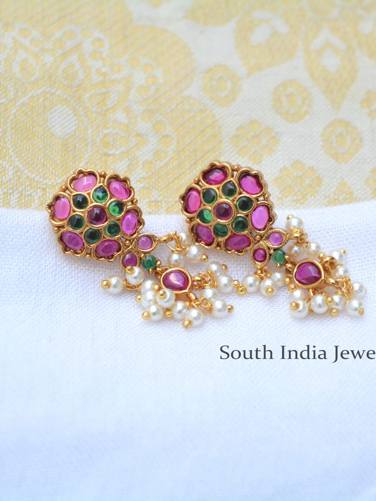 Fantastic Pink and Green Stones with Pearl Earrings