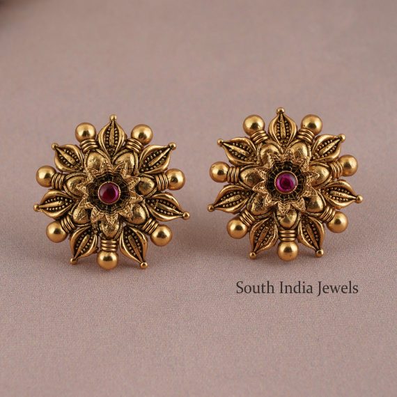 Gorgeous Antique Floral Ruby Stone Studs