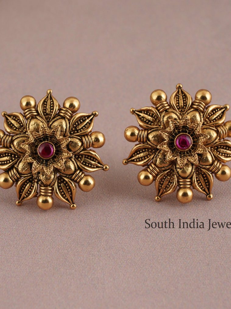 Gorgeous Antique Floral Ruby Stone Studs