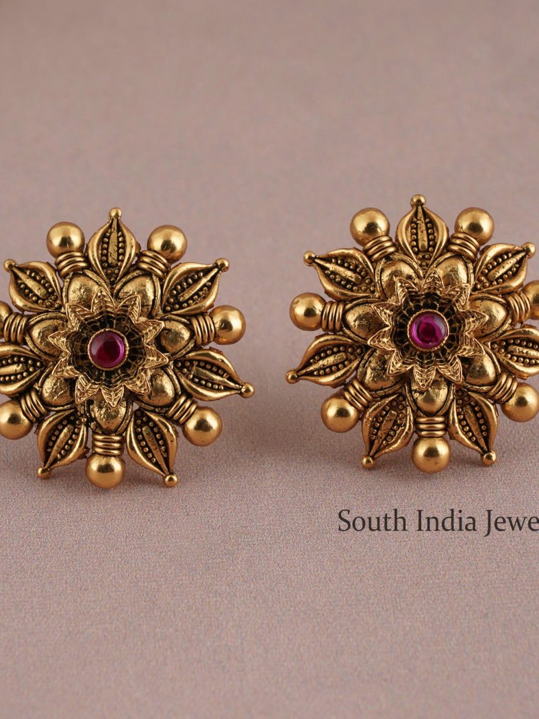 Gorgeous Antique Floral Ruby Stone Studs