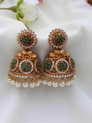 Lovely AD Stone Jhumkas - Green