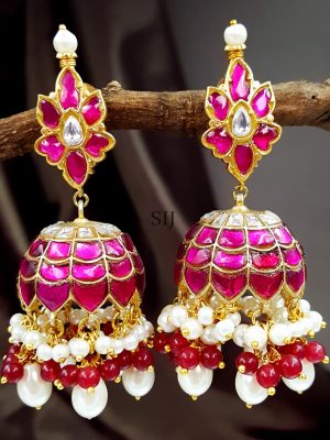 Marvelous Kundan Jadau Flower Tops Jhumka Red