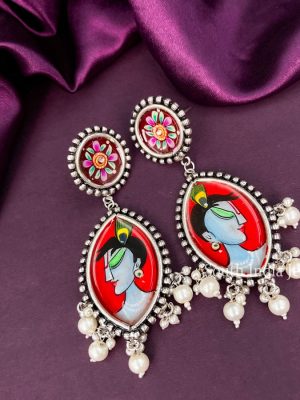 Marvelous Meenakari Krishna Handmade Red Oxidised Earrings