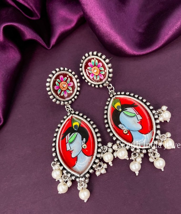 Marvelous Meenakari Krishna Handmade Red Oxidised Earrings