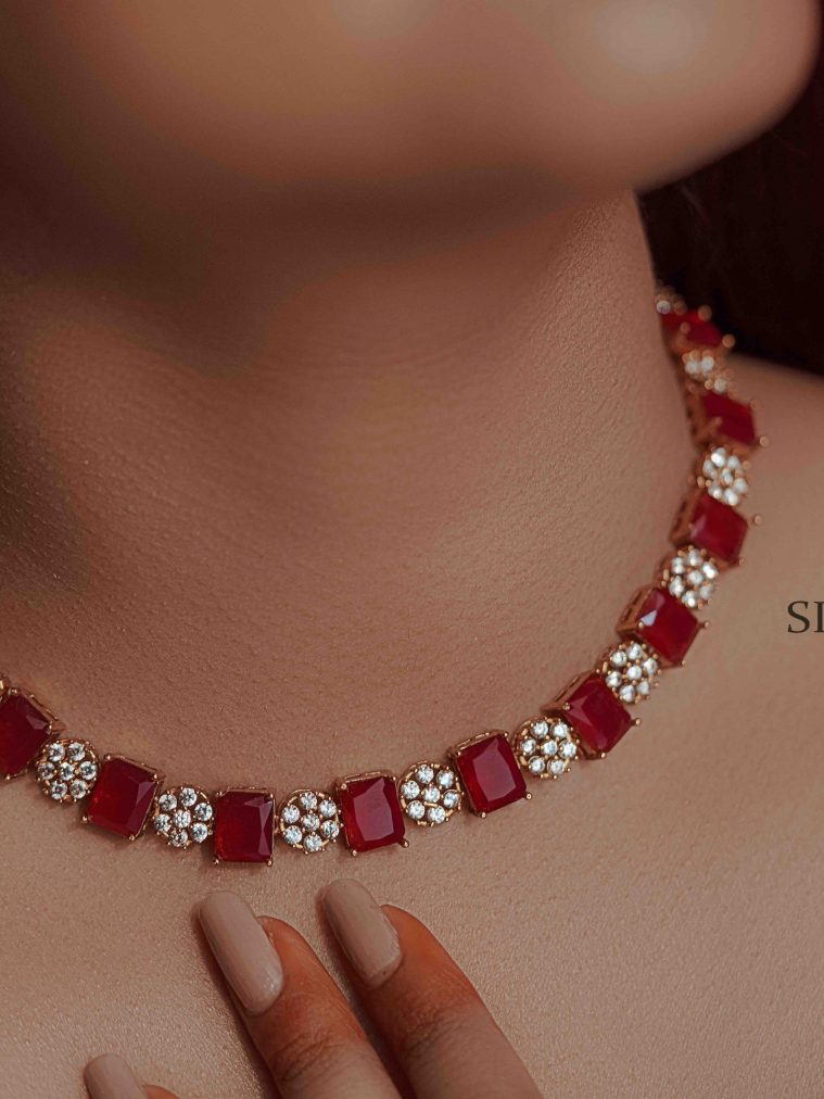 Sparkling Ruby And White Stone Designer Necklace Set