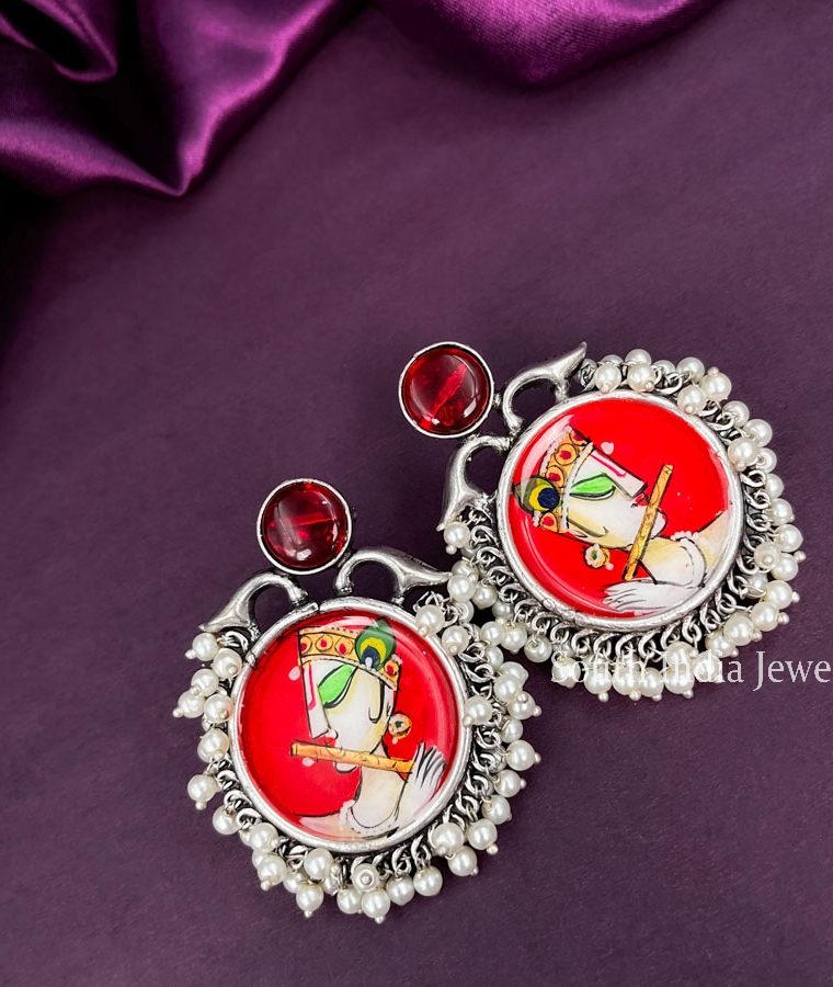 Stunning Meenakari Krishna Hand Painted Red Oxidised Earrings