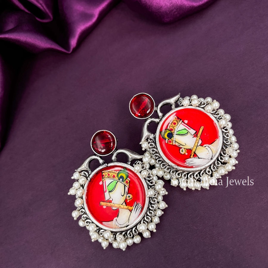 Stunning Meenakari Krishna Hand Painted Red Oxidised Earrings