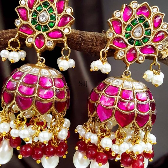 Stylish Kundan Jadau Pink Lotus Jhumka Earrings