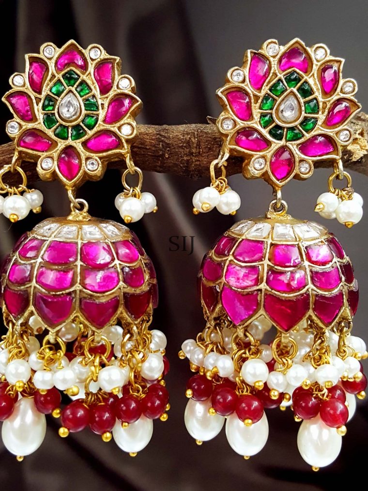 Stylish Kundan Jadau Pink Lotus Jhumka Earrings